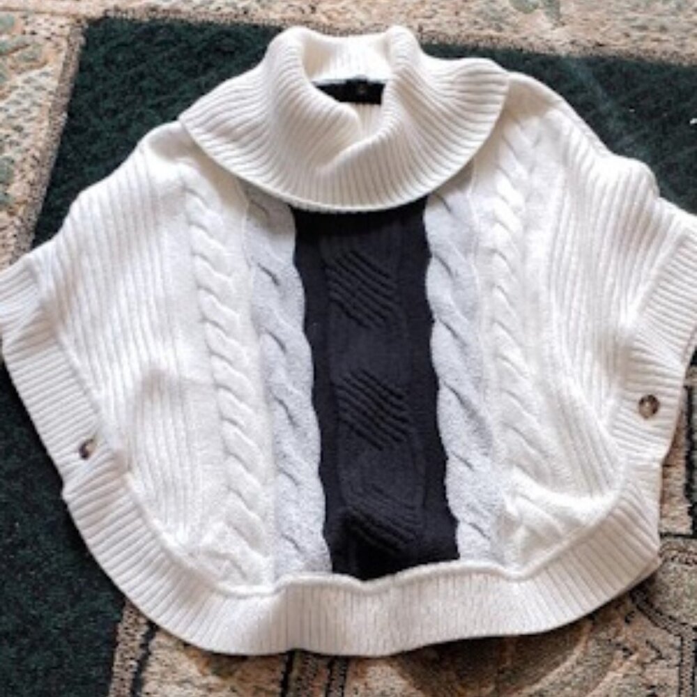 Talbot's White-and-Black Cable Knit Turtle Neck Poncho